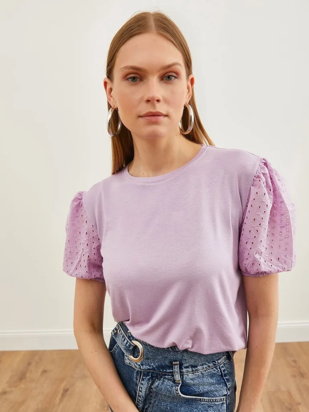 Jane and Delancey Purple Eyelet Sleeve Short Sleeve Tee